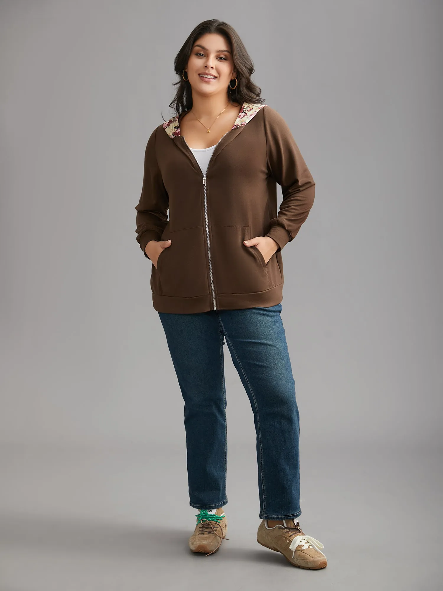 Floral Zipper Patch Pocket Hooded Sweatshirt sold by Bloomchic product image thumbnail 2