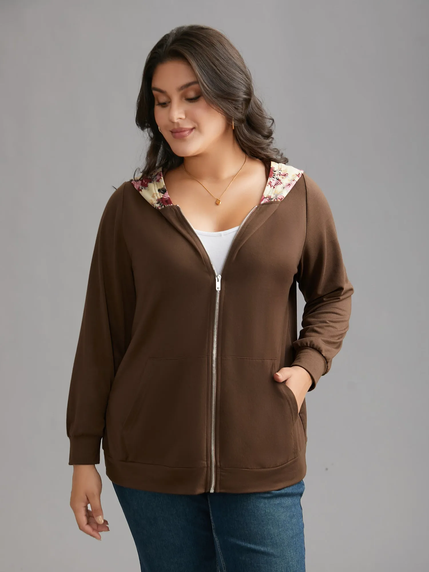 Floral Zipper Patch Pocket Hooded Sweatshirt sold by Bloomchic product image thumbnail 4