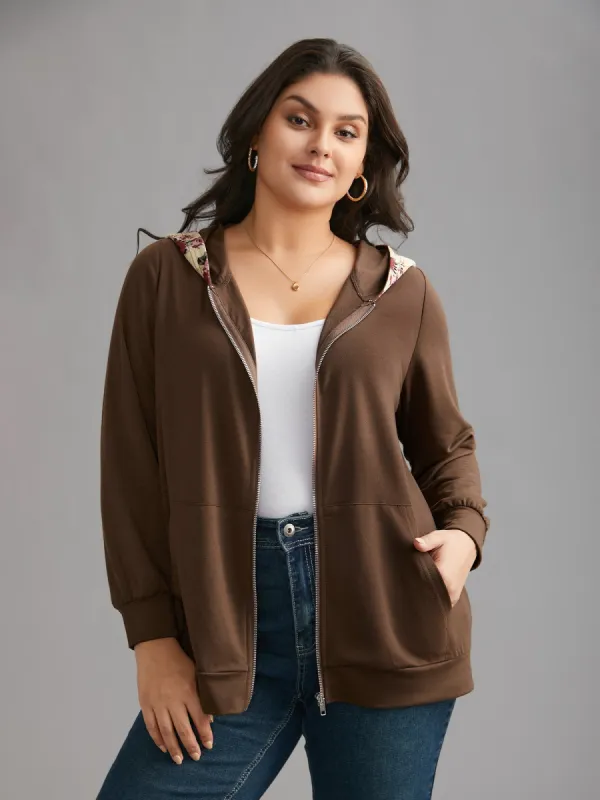 Floral Zipper Patch Pocket Hooded Sweatshirt sold by Bloomchic