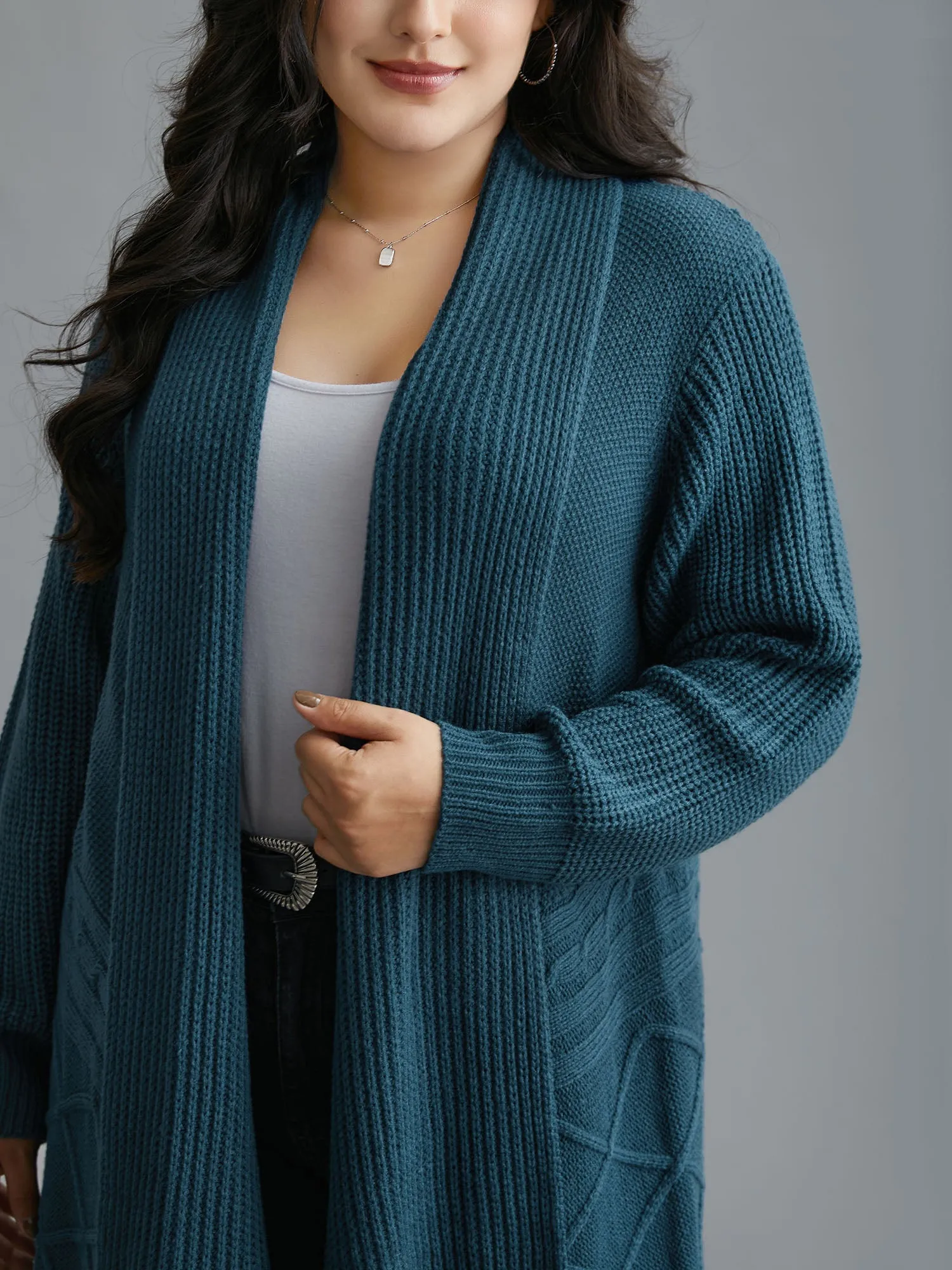 Cable Knit Asymmetrical Hem Open-Front Cardigan sold by Bloomchic product image thumbnail 5