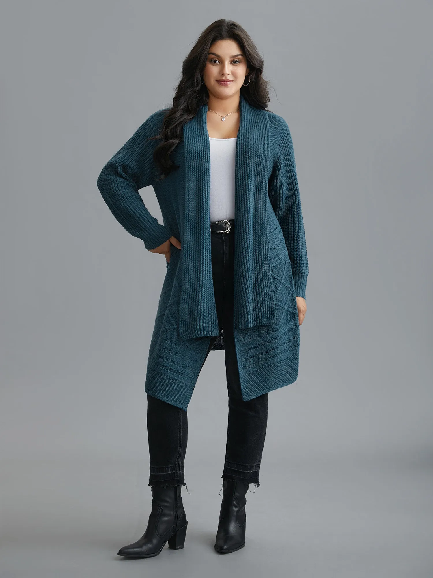 Cable Knit Asymmetrical Hem Open-Front Cardigan sold by Bloomchic product image thumbnail 4