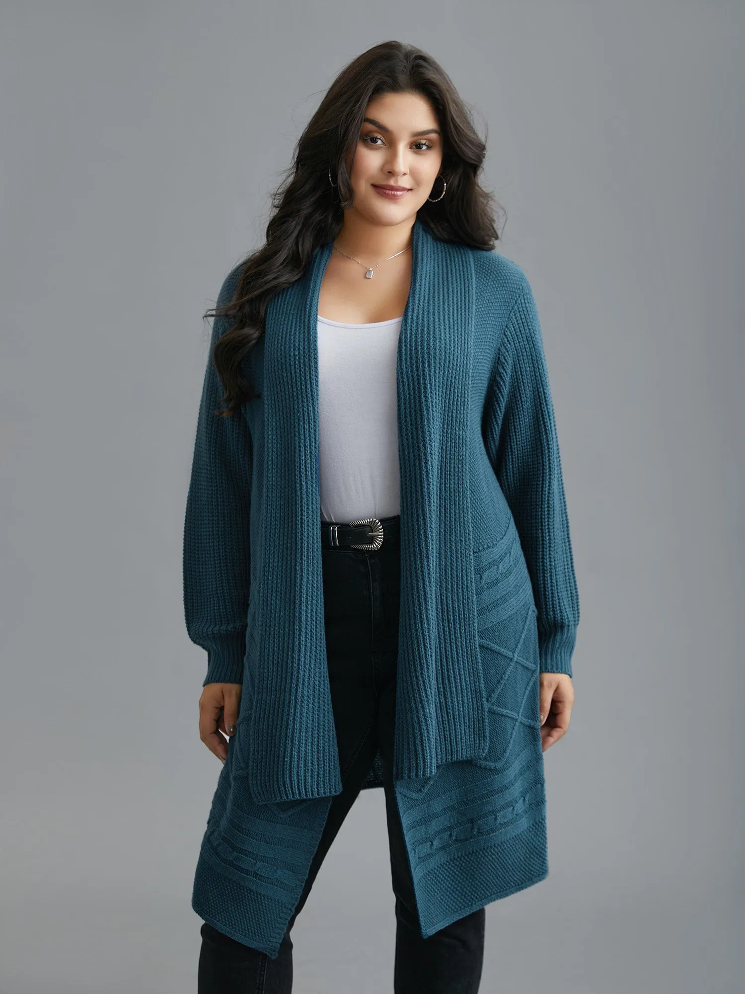 Cable Knit Asymmetrical Hem Open-Front Cardigan sold by Bloomchic product image thumbnail 3