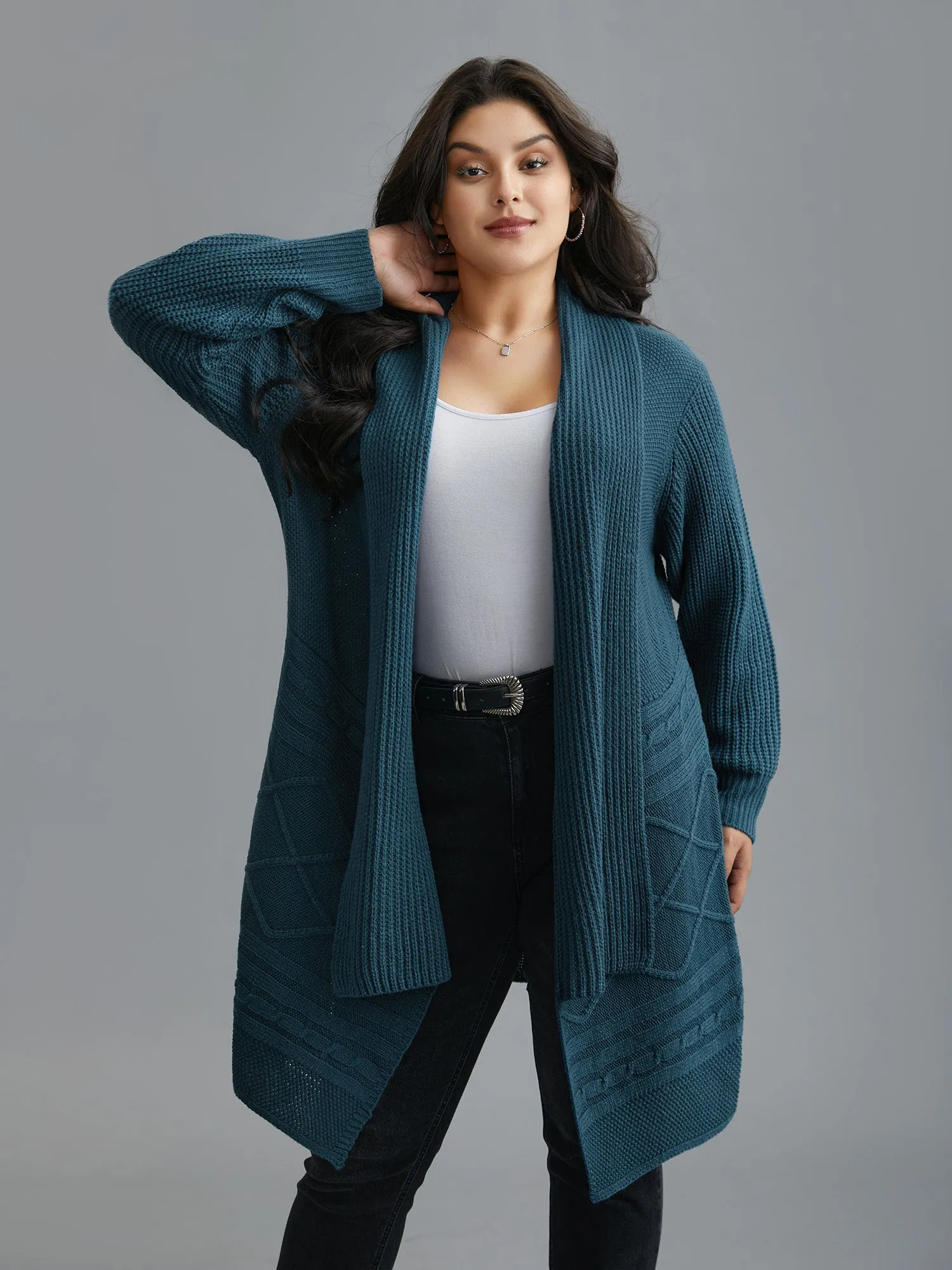 Cable Knit Asymmetrical Hem Open-Front Cardigan sold by Bloomchic