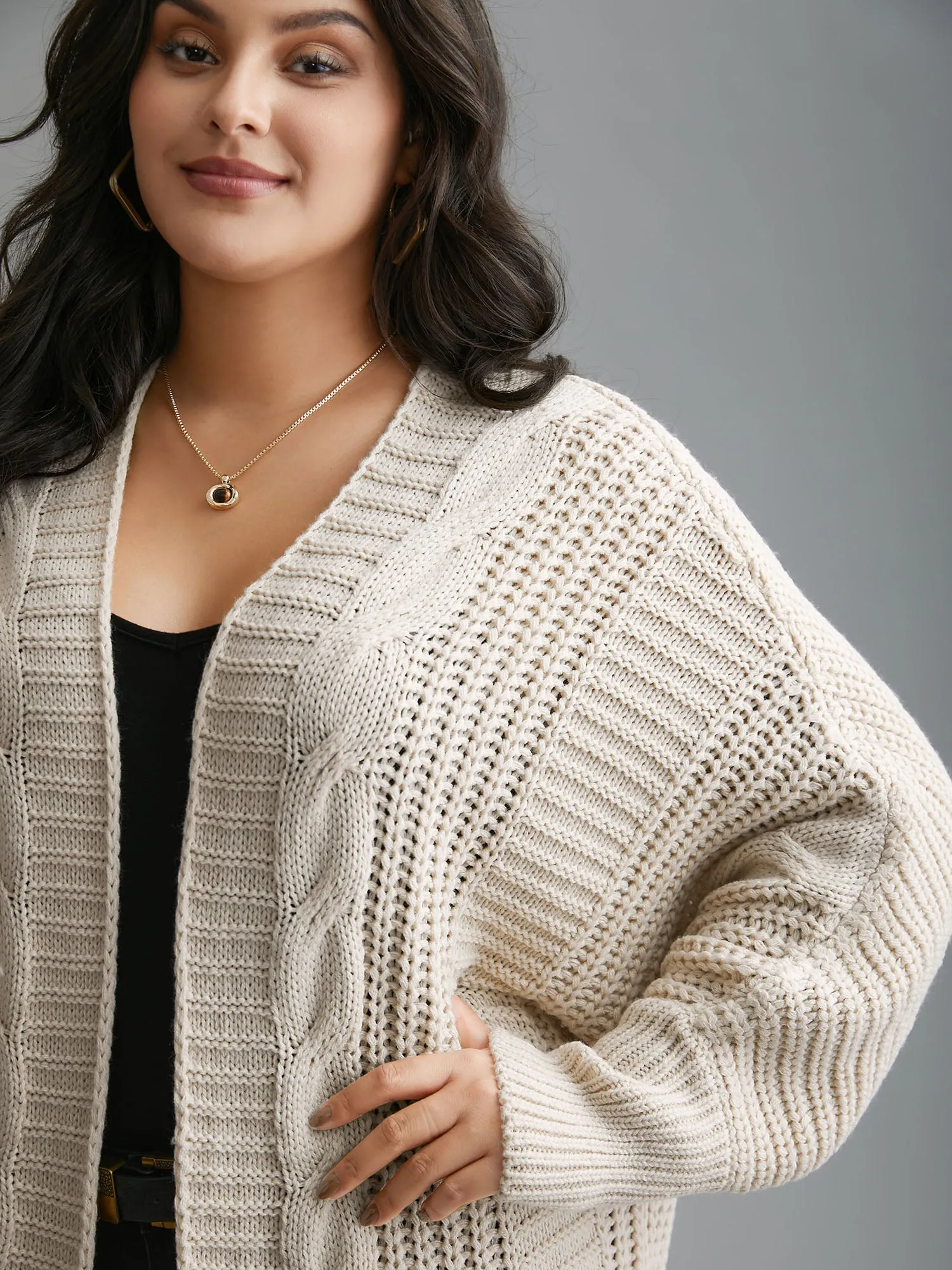 Cable Knit Open-Front Ribbed Knit Cardigan sold by Bloomchic product image thumbnail 5