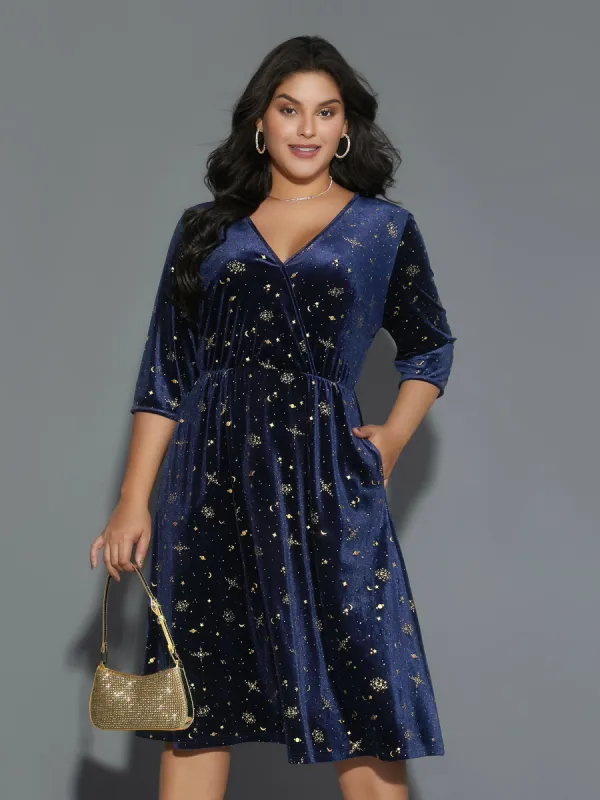 Velvet Moon & Star Overlap Collar Midi Dress sold by Bloomchic