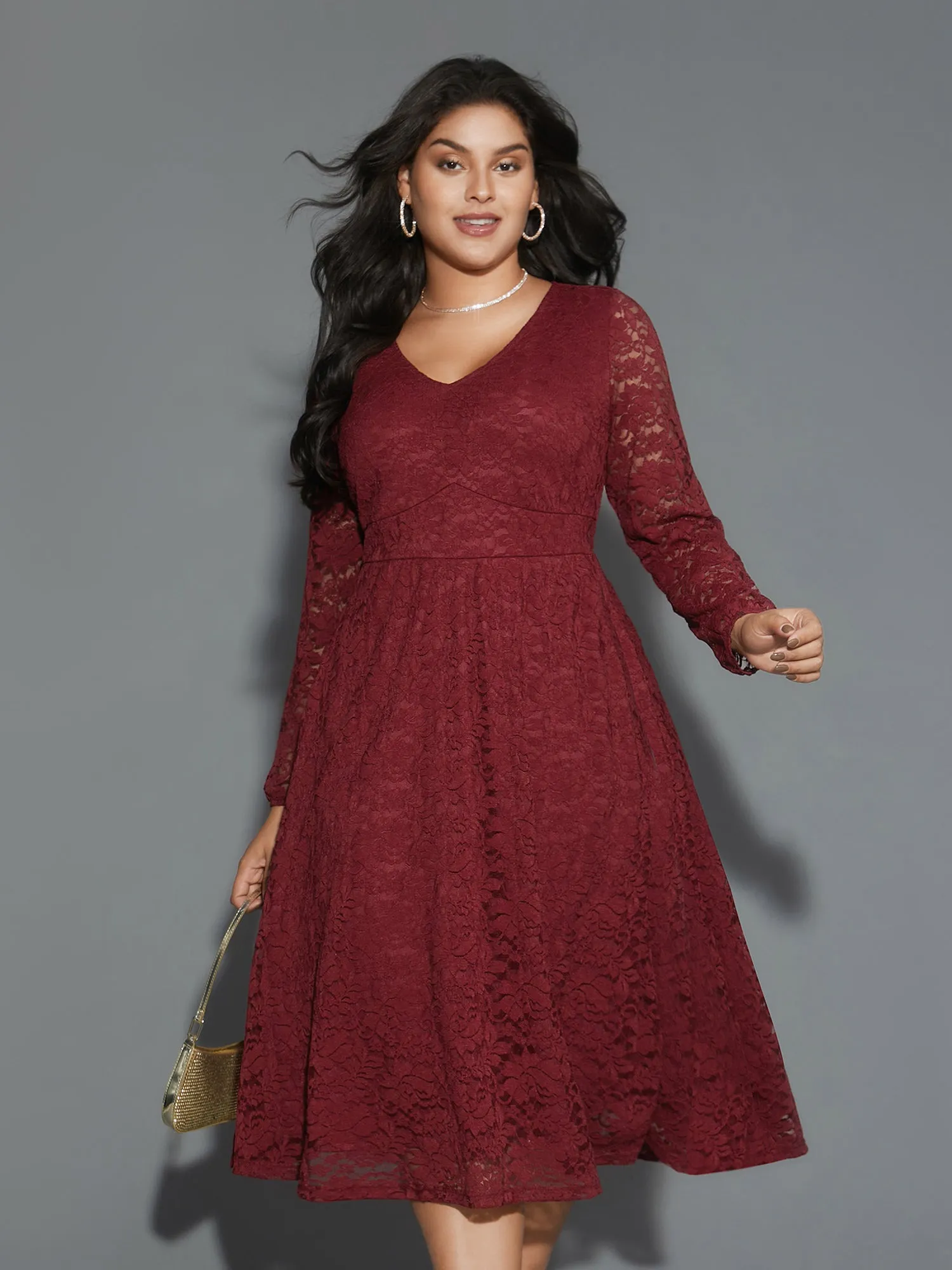 Solid Lace Patchwork Lantern Sleeve Dress sold by Bloomchic