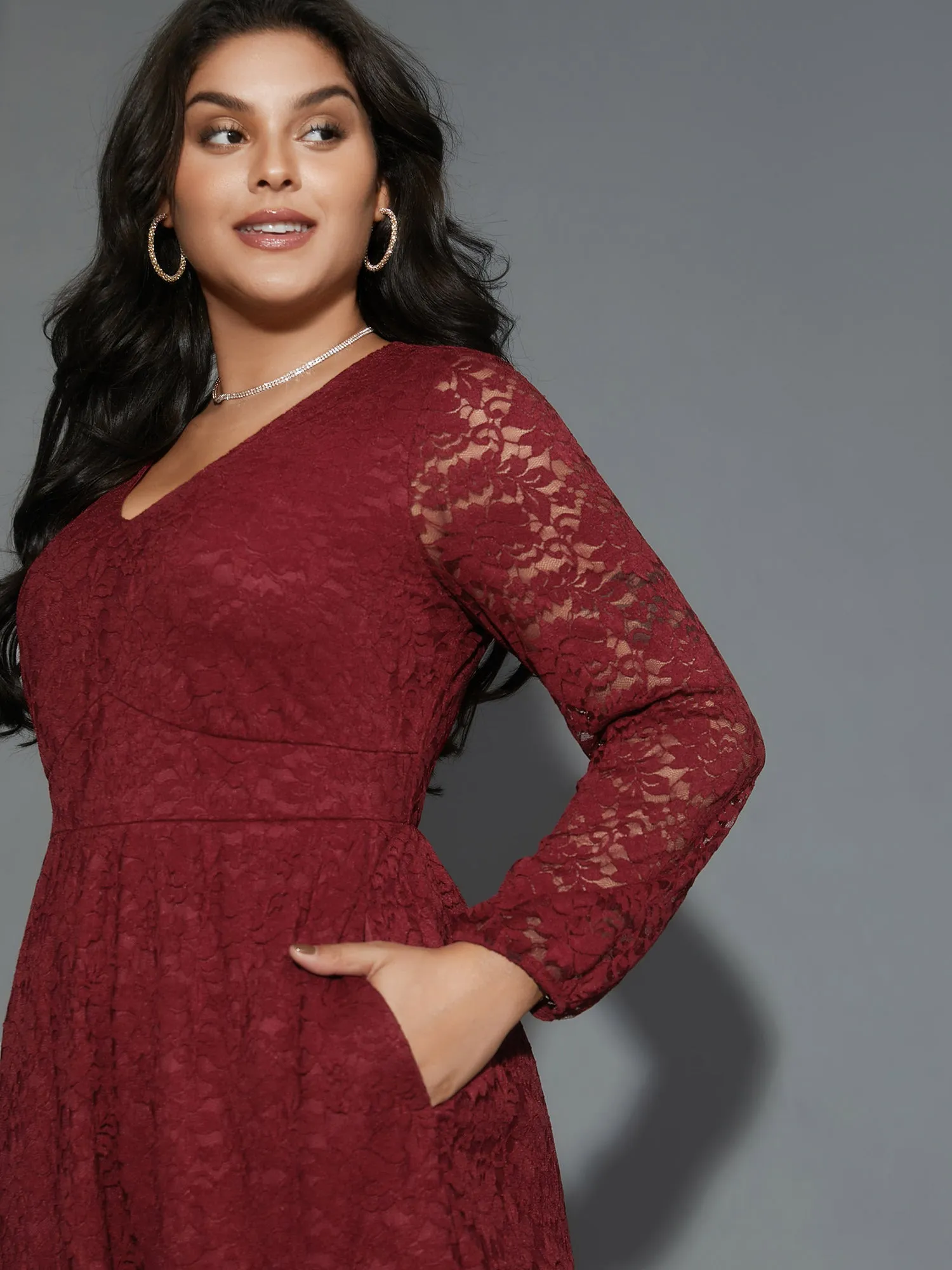 Solid Lace Patchwork Lantern Sleeve Dress sold by Bloomchic product image thumbnail 2