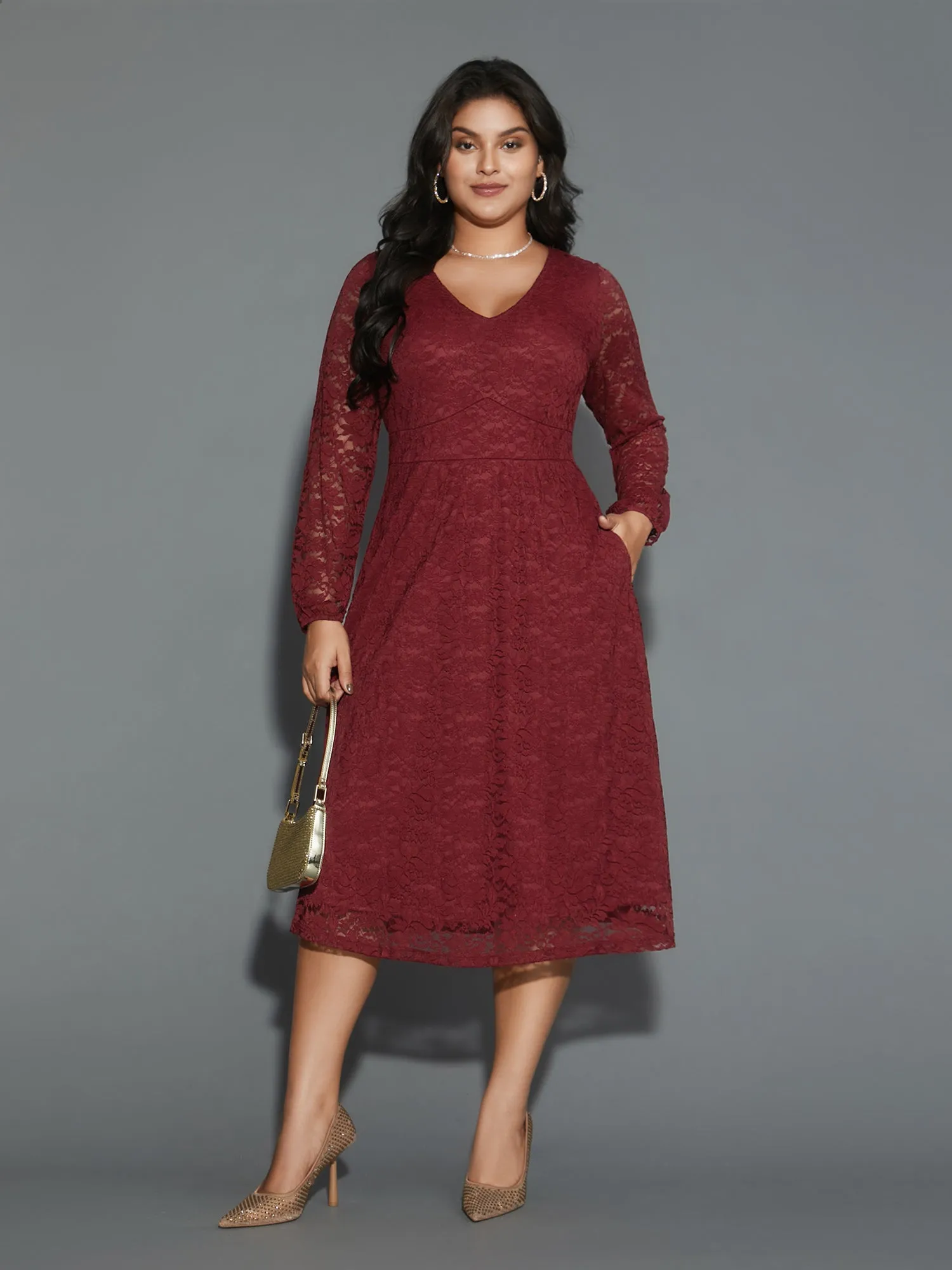 Solid Lace Patchwork Lantern Sleeve Dress sold by Bloomchic product image thumbnail 5