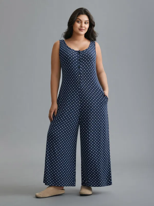 U Neck Polka Dot Button Up Sleep Jumpsuit sold by Bloomchic
