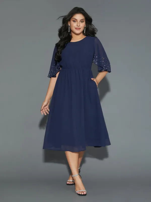 Rhinestone Elastic Waist Ruffle Sleeve Dress sold by Bloomchic