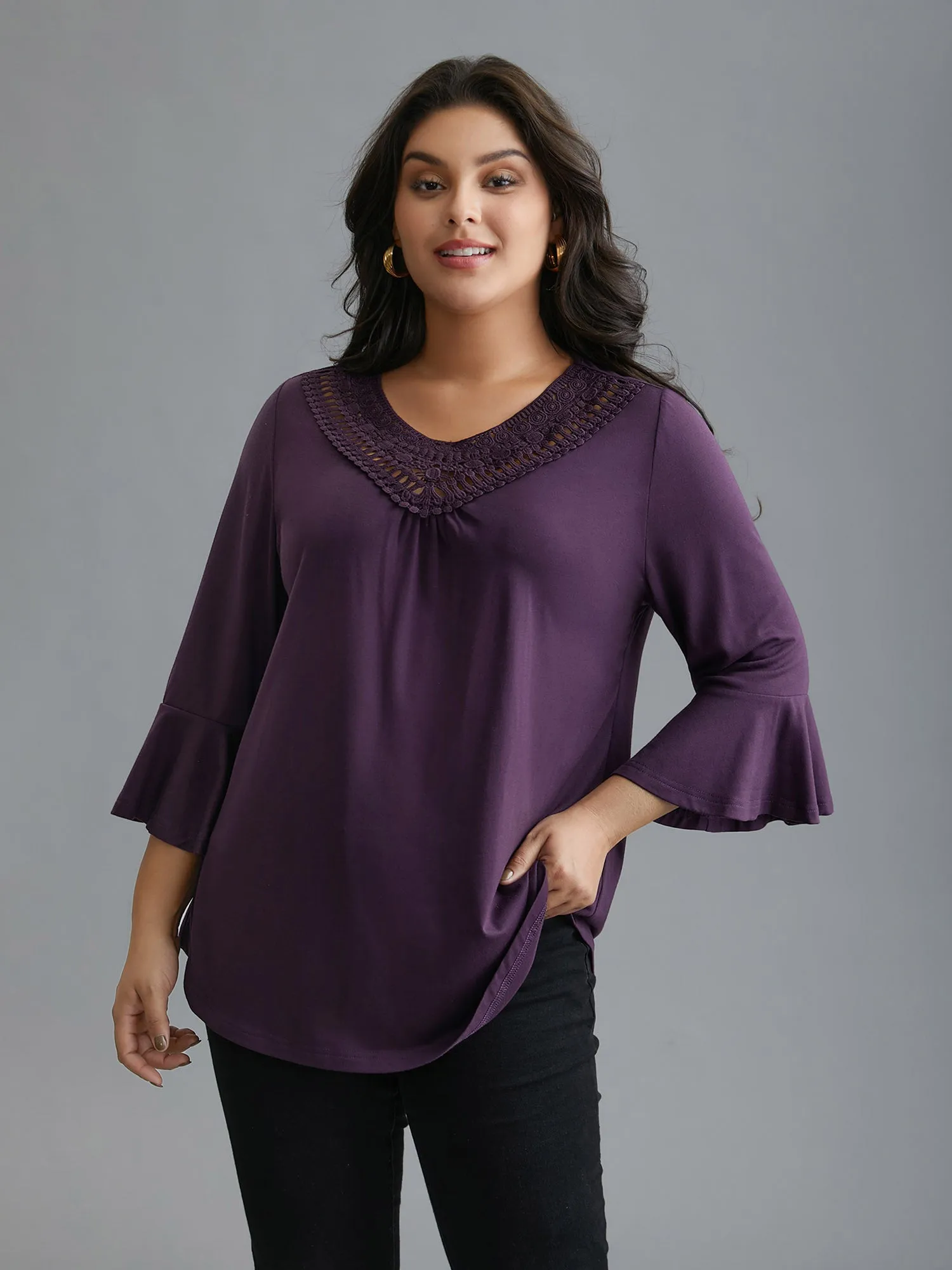 Lace Neckline Trim Ruffle Sleeve T-shirt sold by Bloomchic product image thumbnail 3