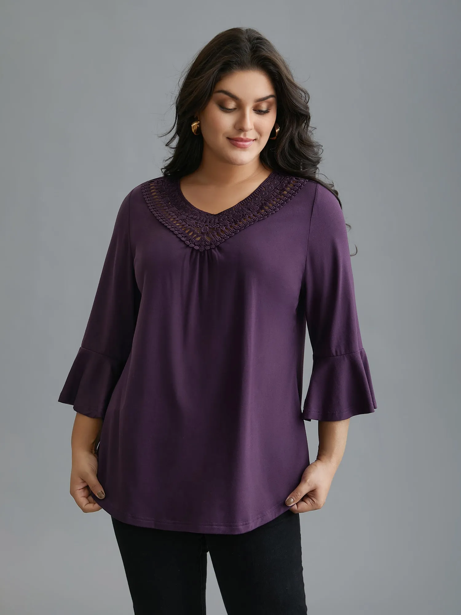 Lace Neckline Trim Ruffle Sleeve T-shirt sold by Bloomchic