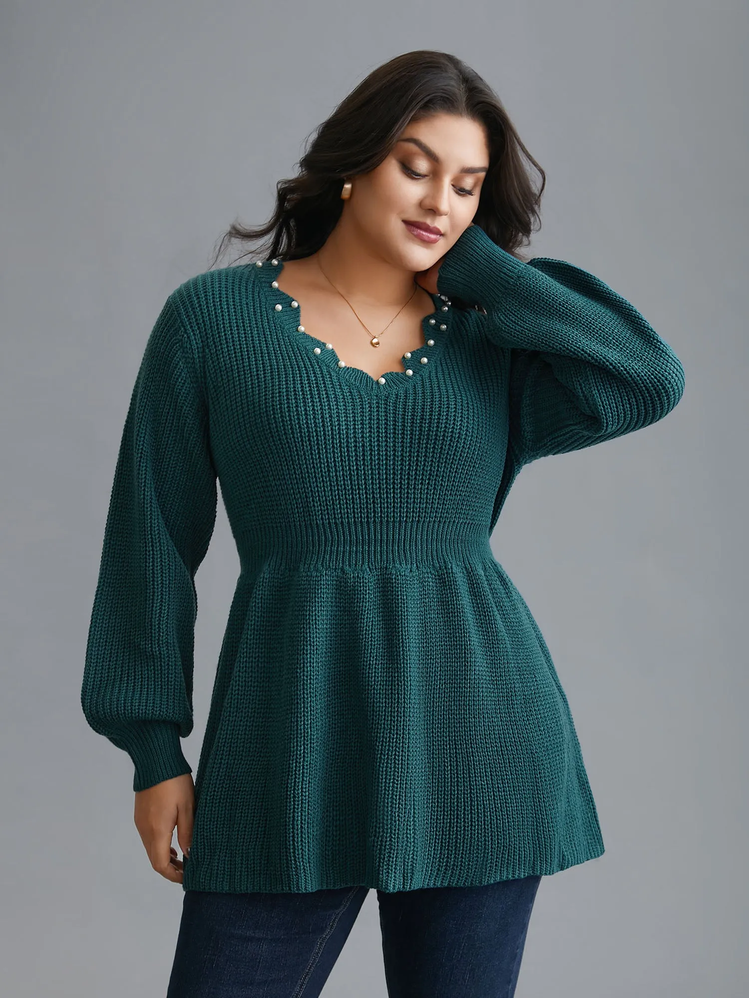 Wavy Neckline Pearl Waist-Defining Pullover sold by Bloomchic product image thumbnail 5