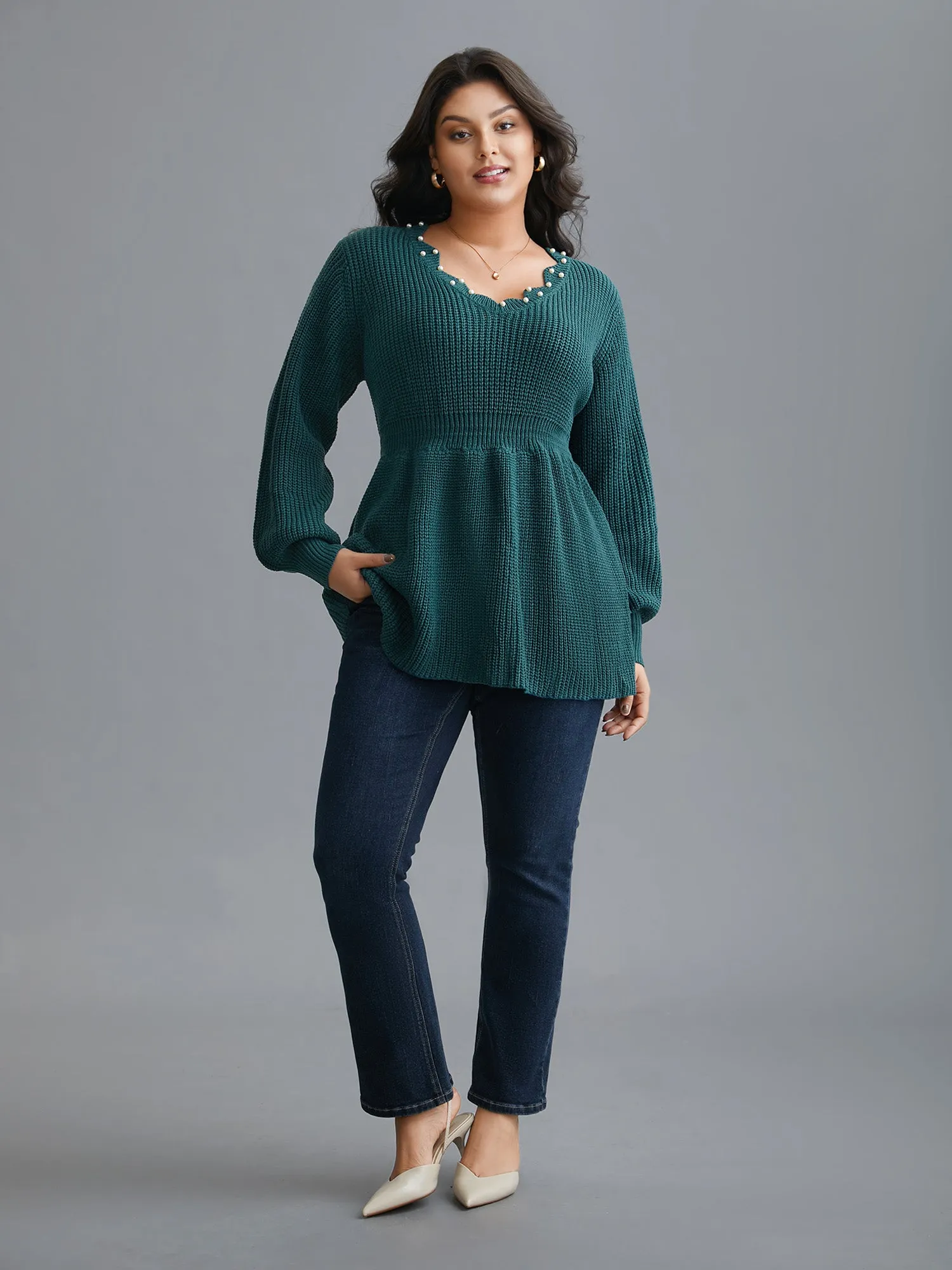 Wavy Neckline Pearl Waist-Defining Pullover sold by Bloomchic product image thumbnail 3