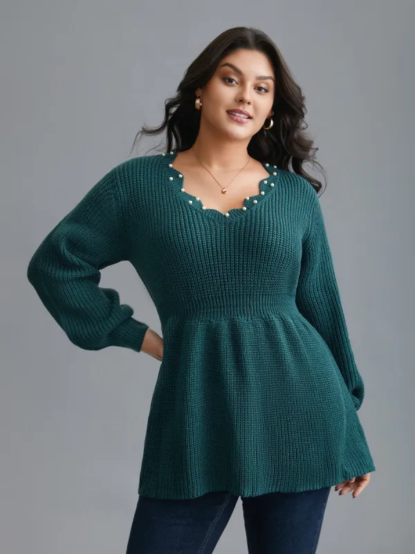 Wavy Neckline Pearl Waist-Defining Pullover sold by Bloomchic