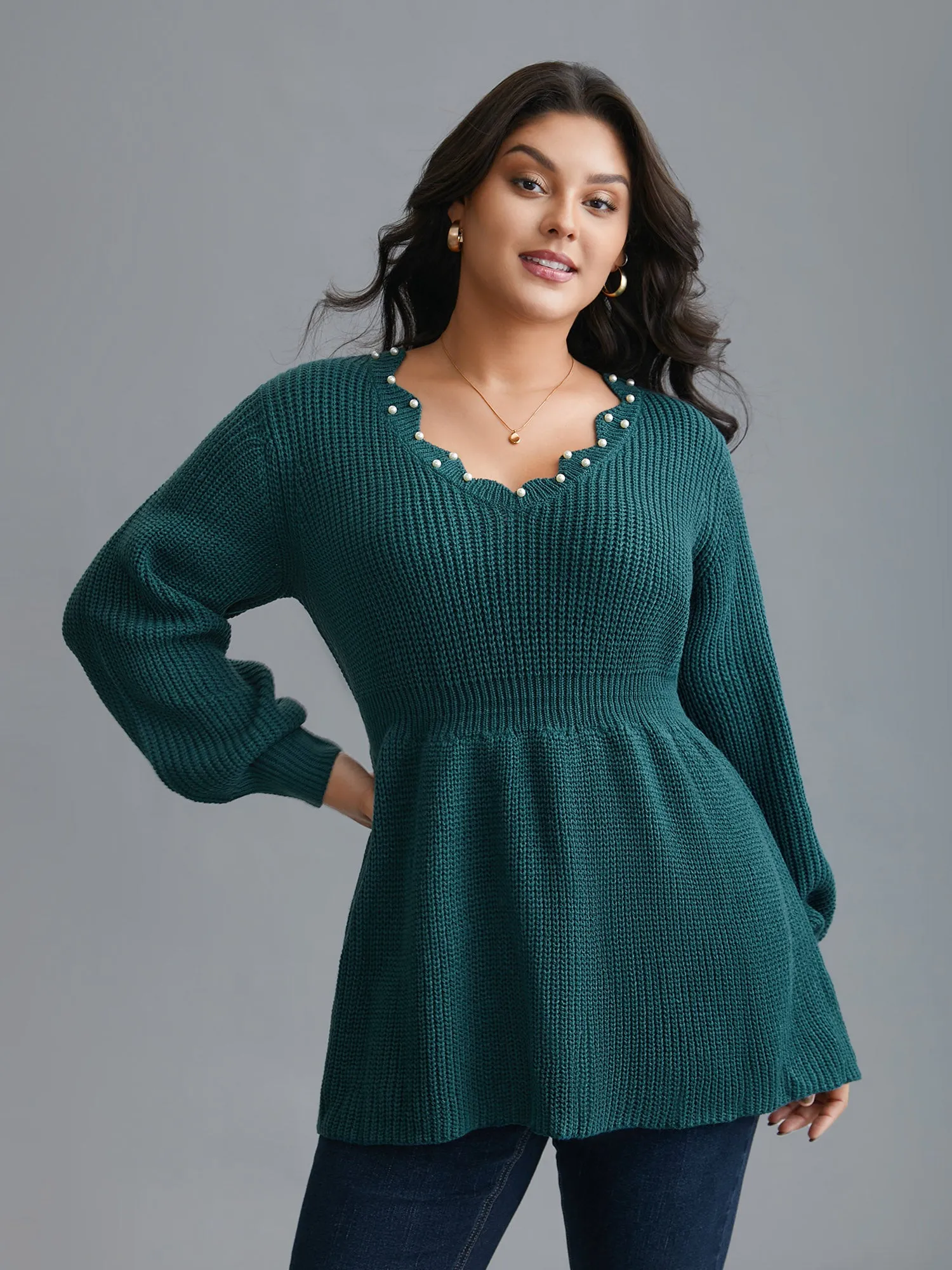 Wavy Neckline Pearl Waist-Defining Pullover sold by Bloomchic