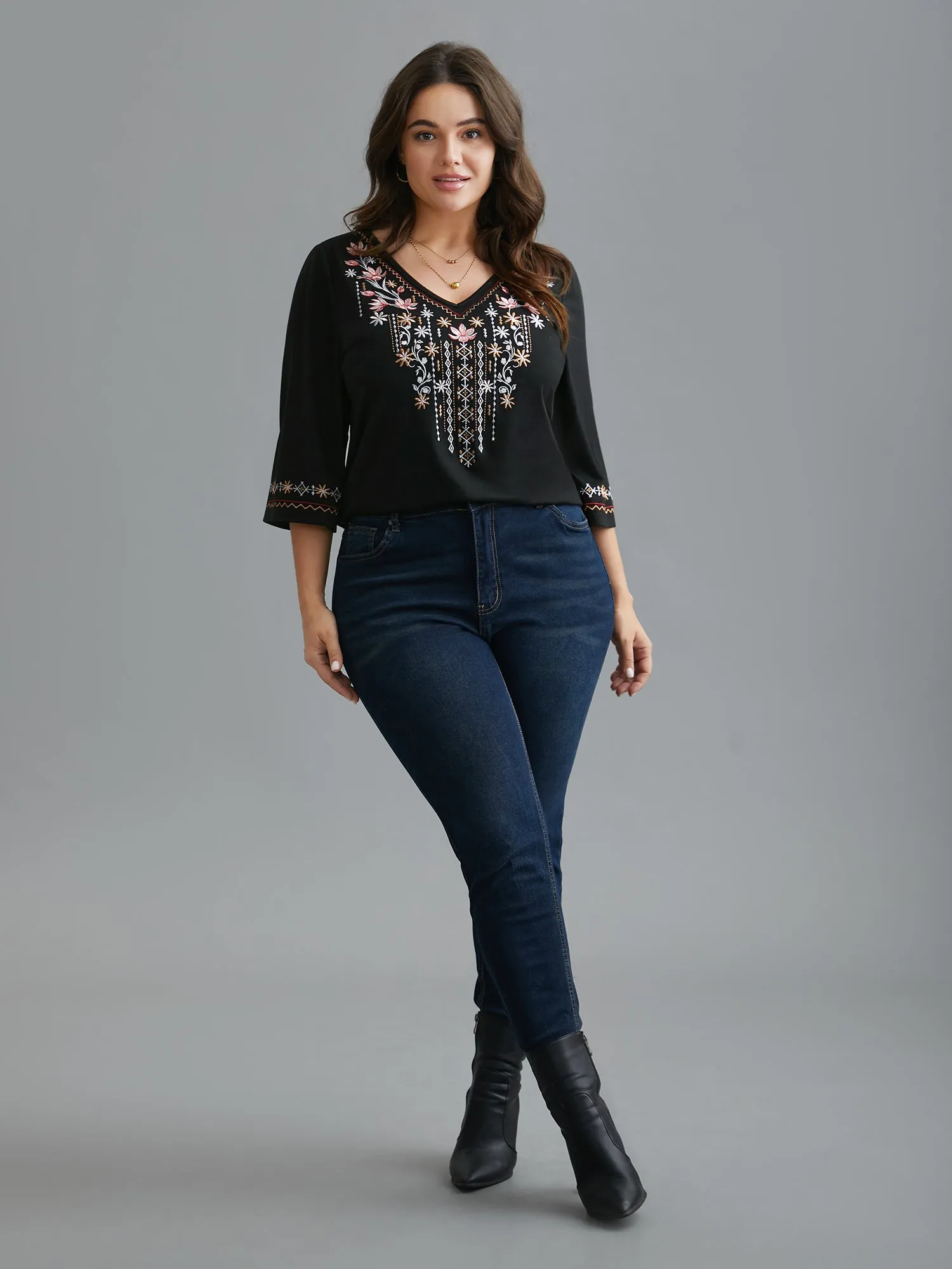 Floral Embroidered V-Neck T-shirt sold by Bloomchic product image thumbnail 4