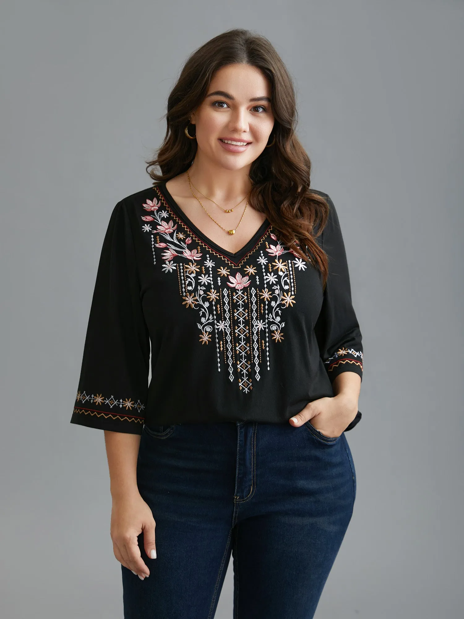 Floral Embroidered V-Neck T-shirt sold by Bloomchic product image thumbnail 3