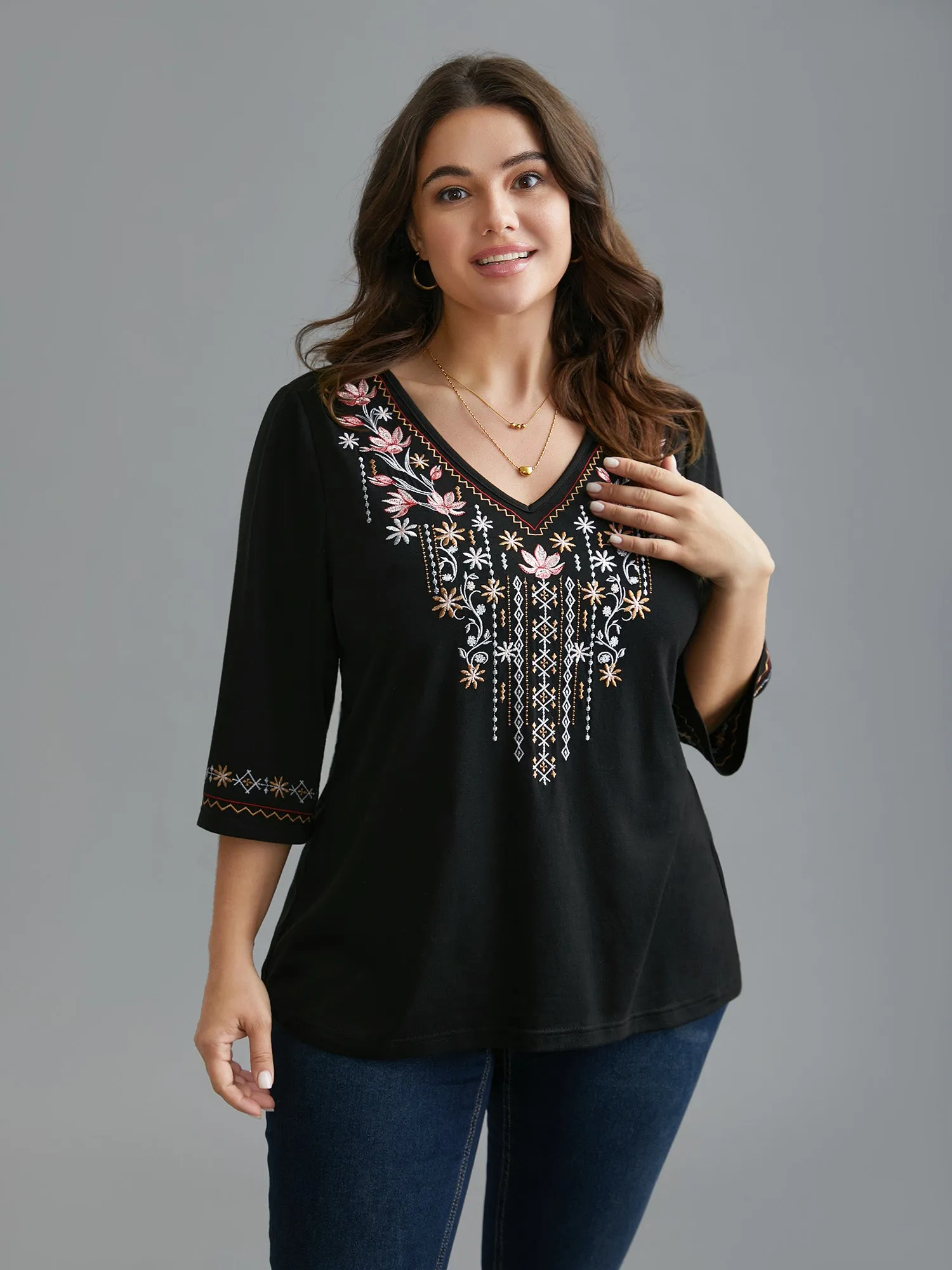 Floral Embroidered V-Neck T-shirt sold by Bloomchic