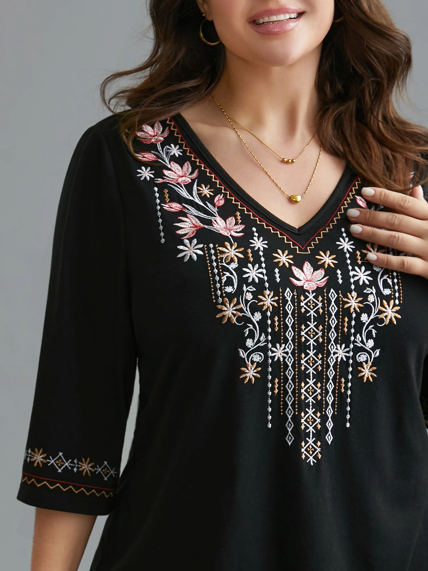 Floral Embroidered V-Neck T-shirt sold by Bloomchic product image thumbnail 2