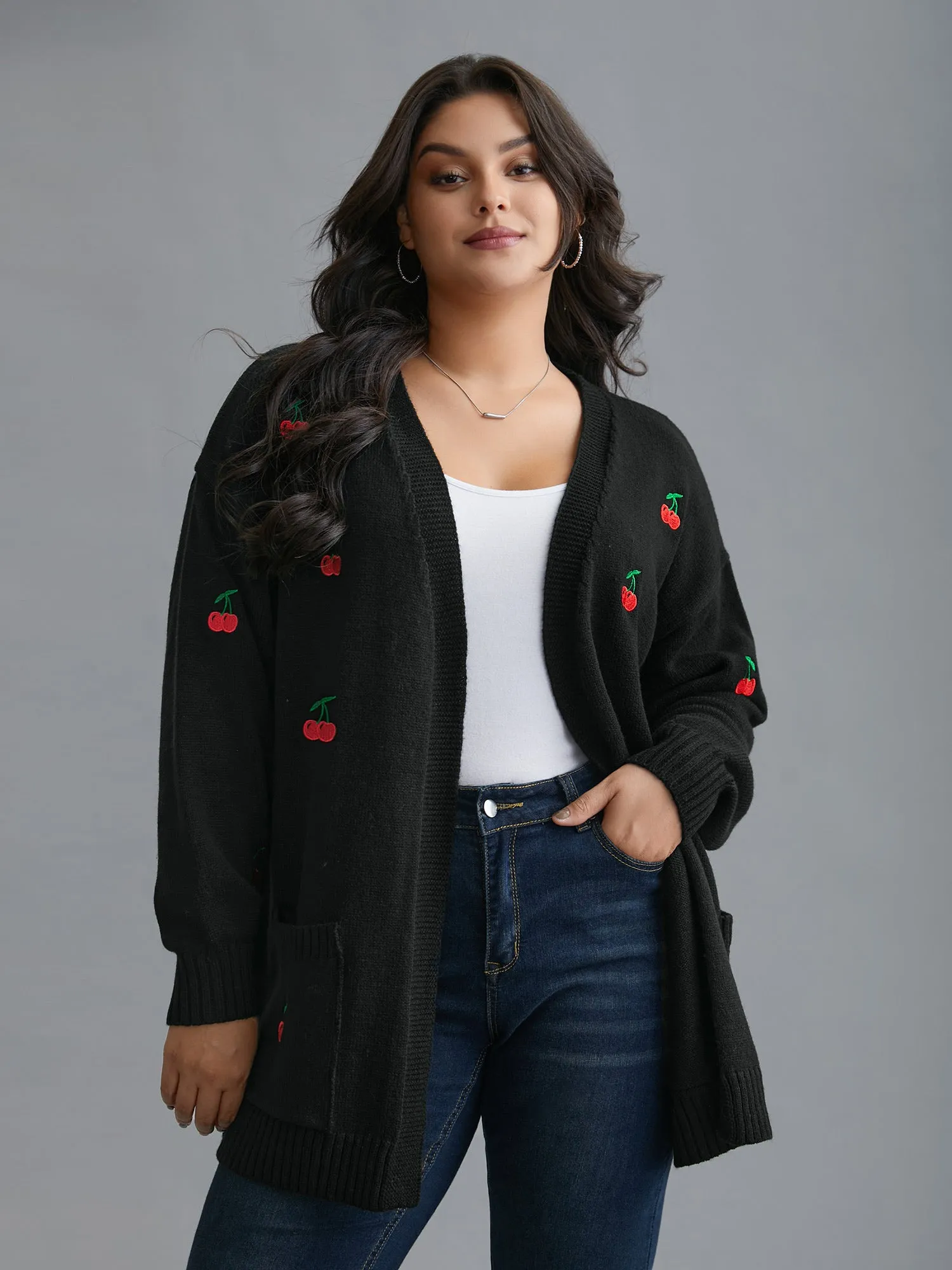 Textured Cherry Embroidery Pocket Pullover sold by Bloomchic