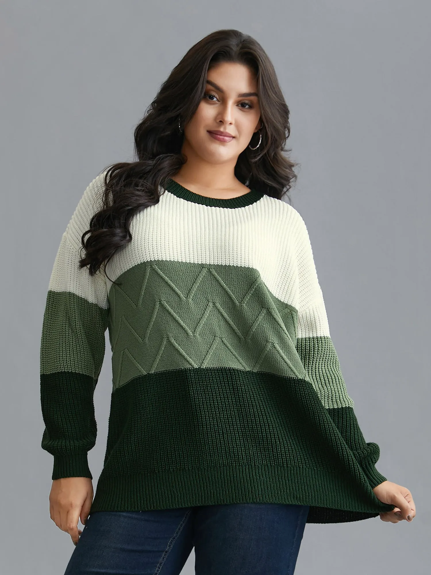 Textured Color Block Round Neck Pullover sold by Bloomchic