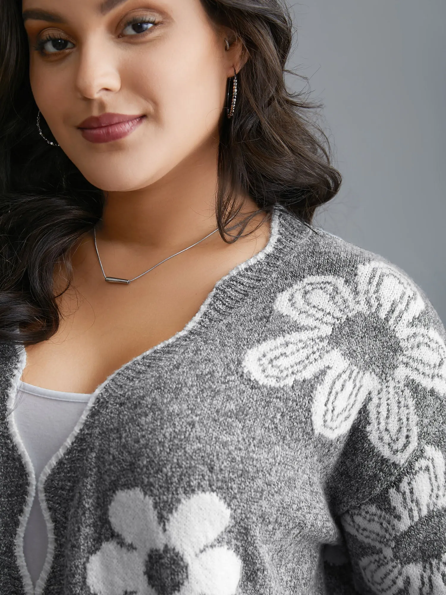 Floral Pattern Open-Front Knitted Cardigan sold by Bloomchic product image thumbnail 5