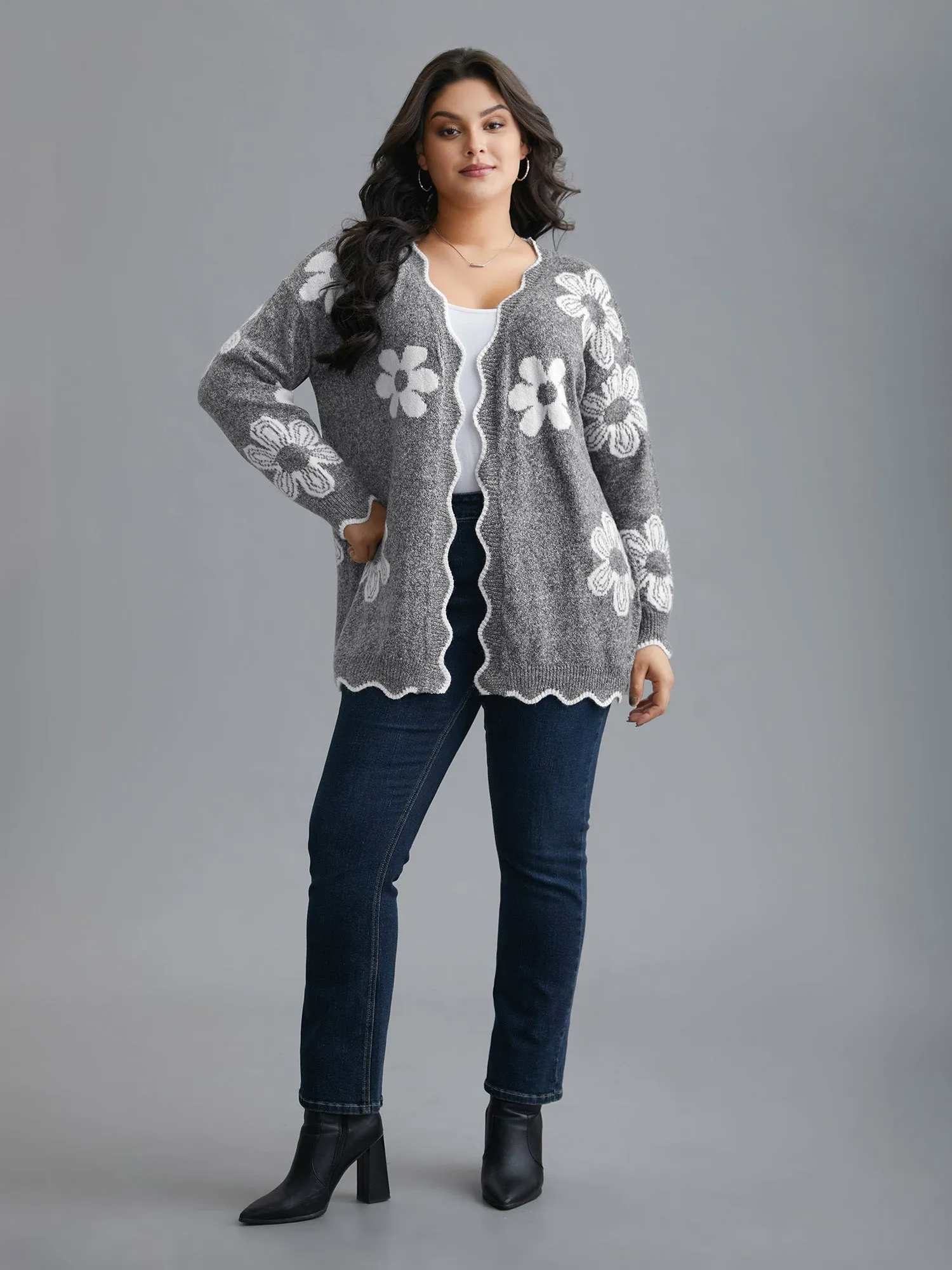 Floral Pattern Open-Front Knitted Cardigan sold by Bloomchic product image thumbnail 3