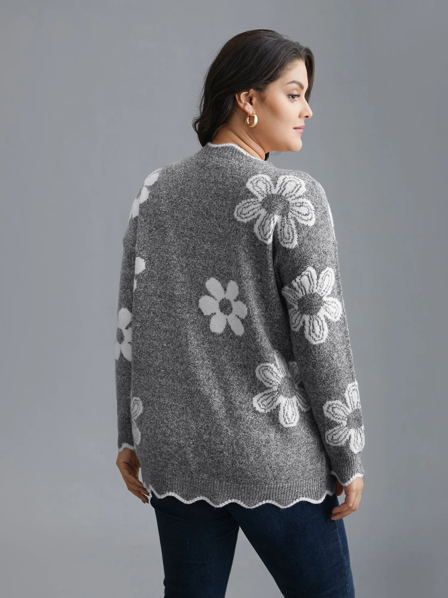 Floral Pattern Open-Front Knitted Cardigan sold by Bloomchic product image thumbnail 2