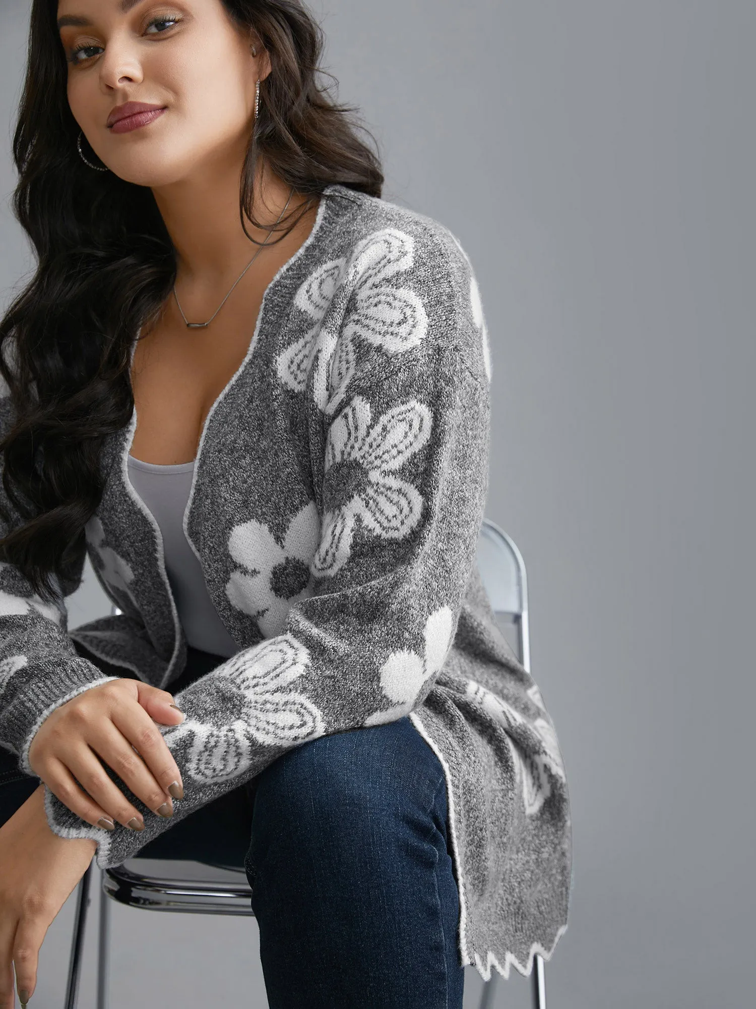 Floral Pattern Open-Front Knitted Cardigan sold by Bloomchic product image thumbnail 4