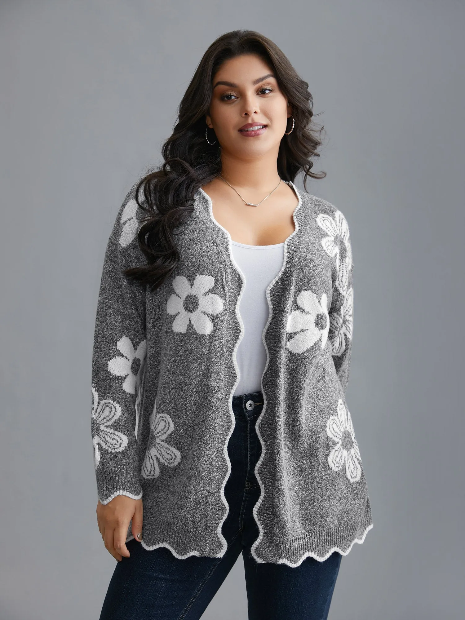 Floral Pattern Open-Front Knitted Cardigan sold by Bloomchic
