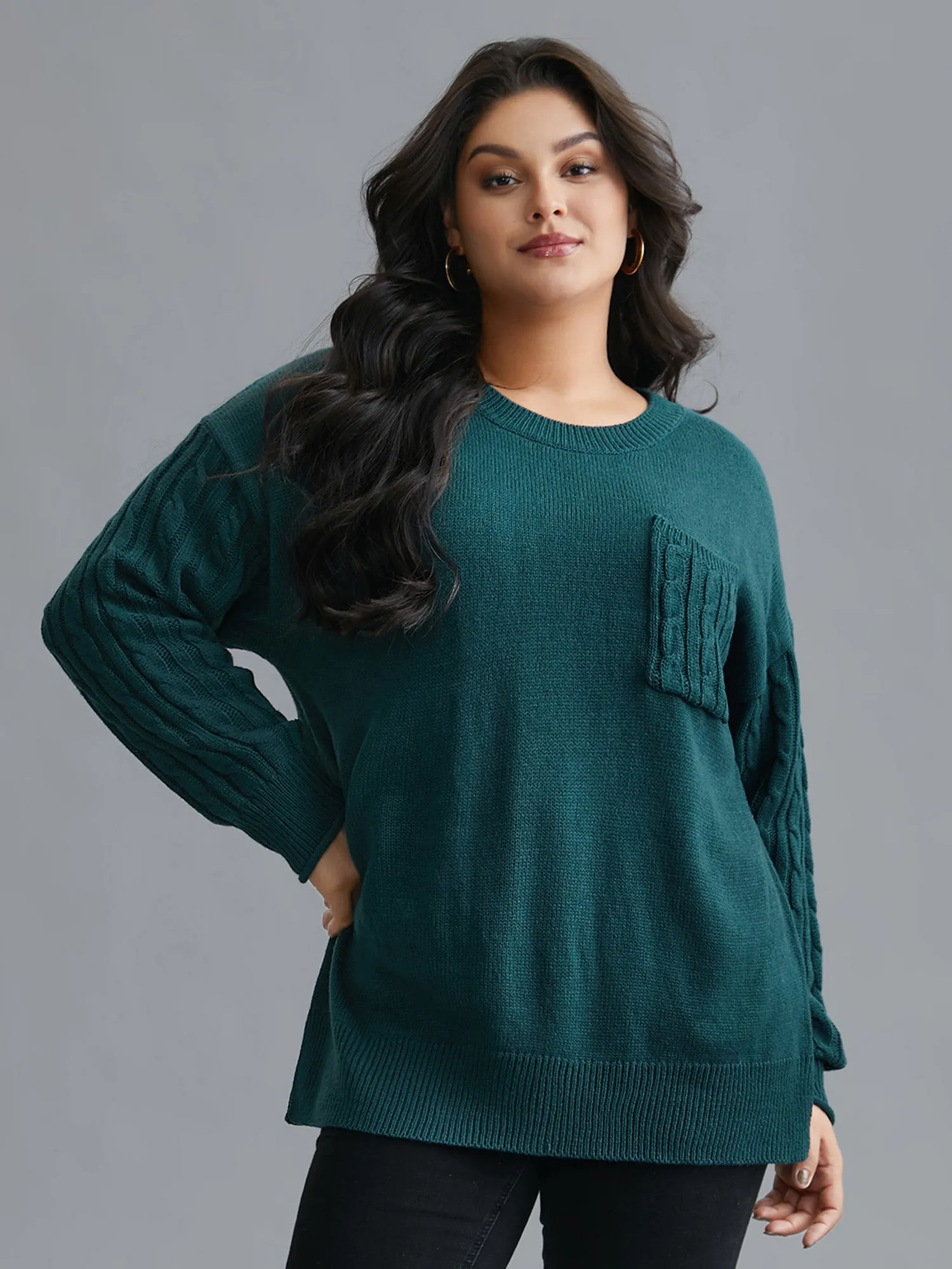 Cable Knit Sleeve Chest Pocket Pullover sold by Bloomchic product image thumbnail 3