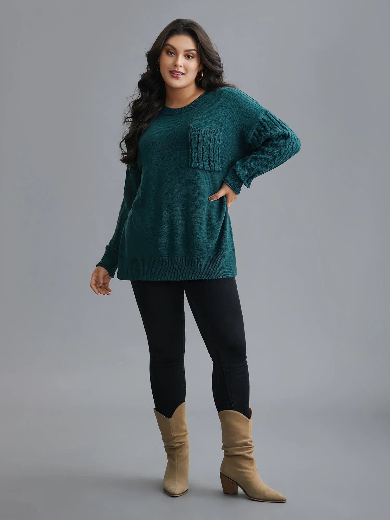 Cable Knit Sleeve Chest Pocket Pullover sold by Bloomchic product image thumbnail 4