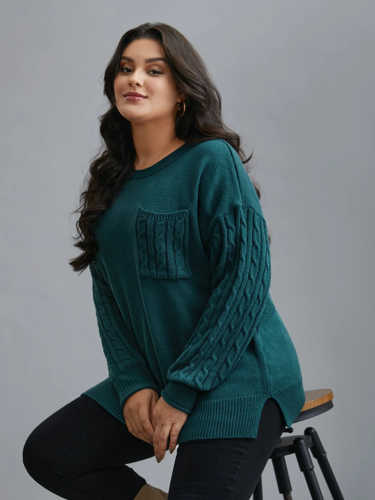 Cable Knit Sleeve Chest Pocket Pullover sold by Bloomchic