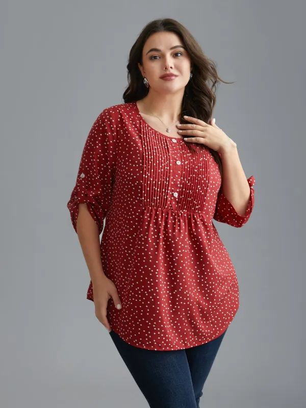 Pleated Polka Dot Button Cuff Sleeve Blouse sold by Bloomchic