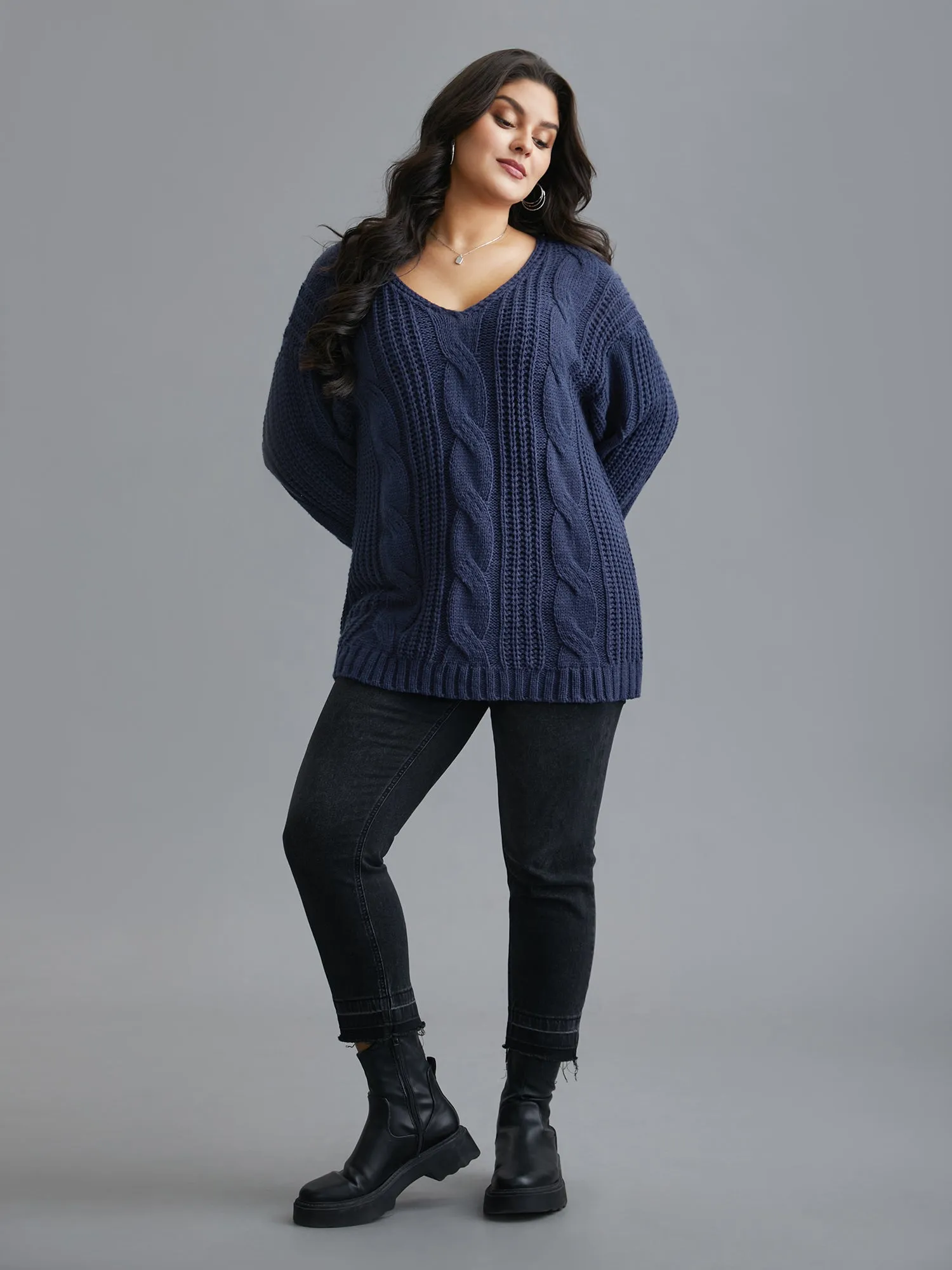 Cable Knit V-Neck Drop Shoulder Pullover sold by Bloomchic product image thumbnail 3