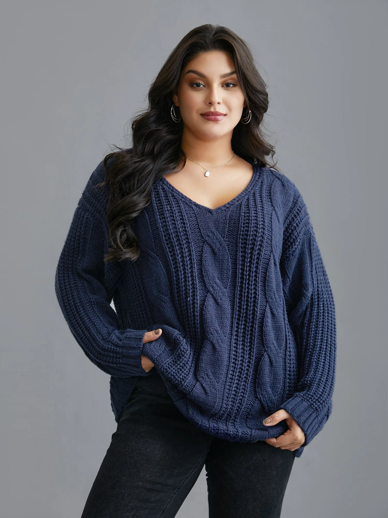 Cable Knit V-Neck Drop Shoulder Pullover sold by Bloomchic product image thumbnail 4