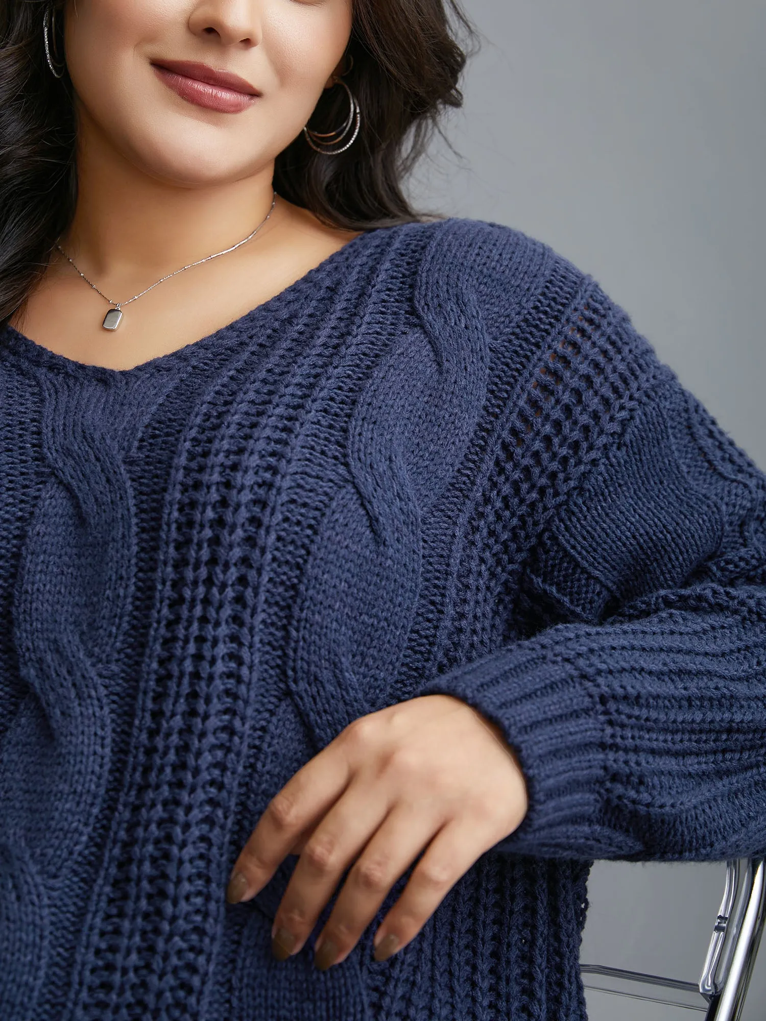 Cable Knit V-Neck Drop Shoulder Pullover sold by Bloomchic product image thumbnail 5