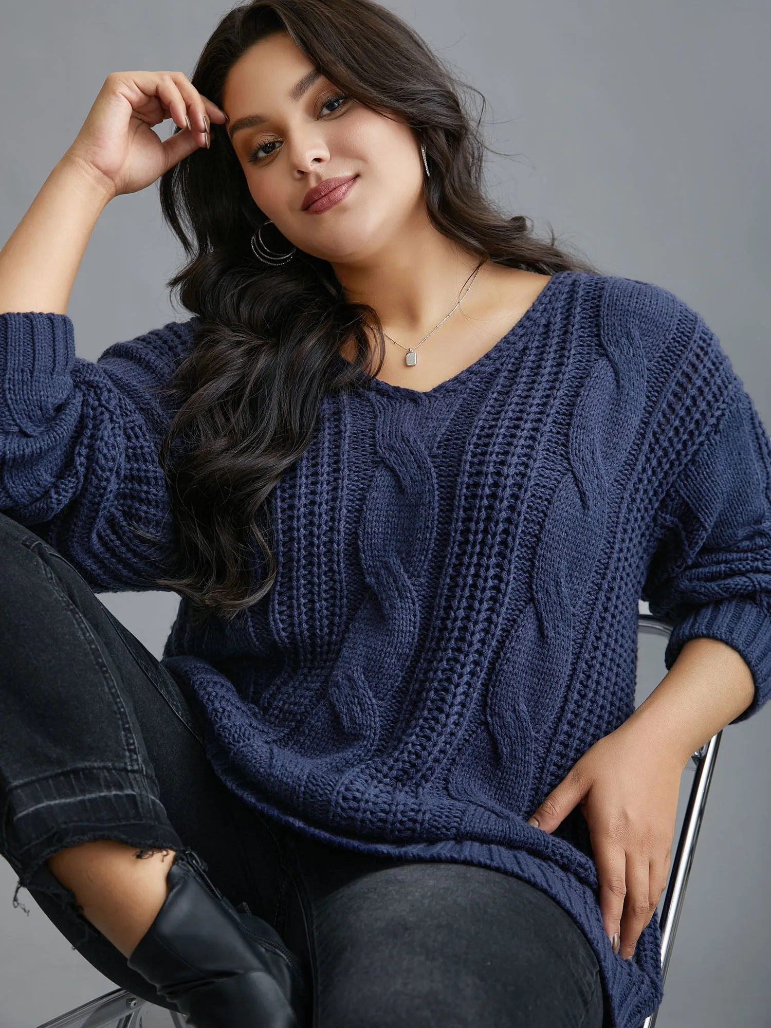 Cable Knit V-Neck Drop Shoulder Pullover sold by Bloomchic