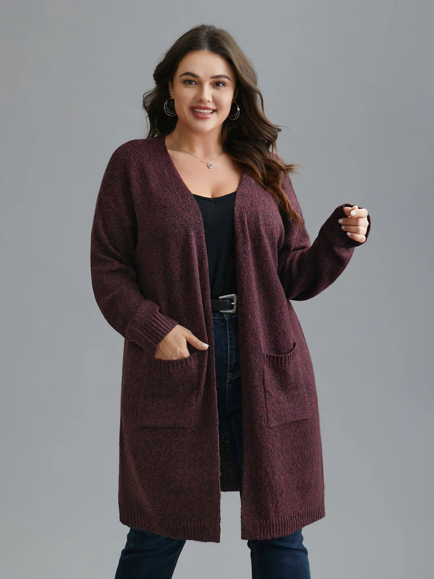 Solid Patch Pocket Long Knit Cardigan sold by Bloomchic