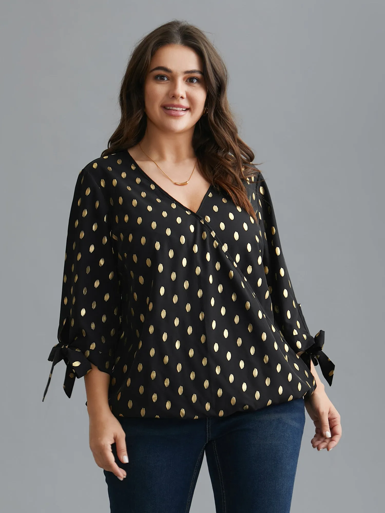 Glitter Overlap Collar Tie Knot Blouse sold by Bloomchic