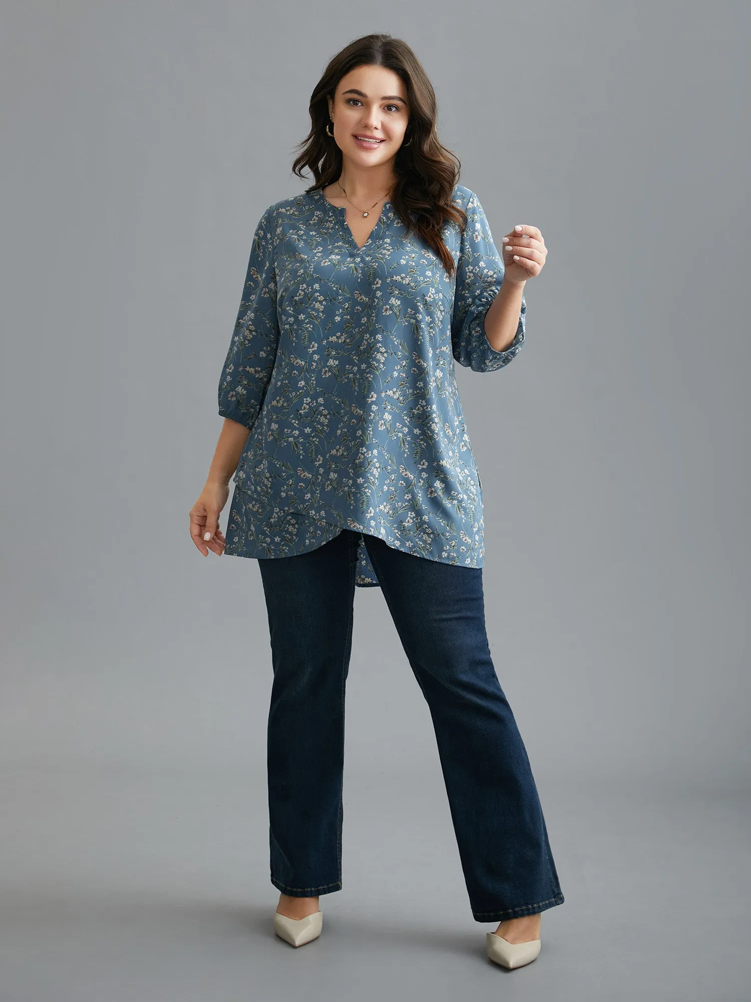 Floral Asymmetrical Hem Elastic Cuff Blouse sold by Bloomchic product image thumbnail 2