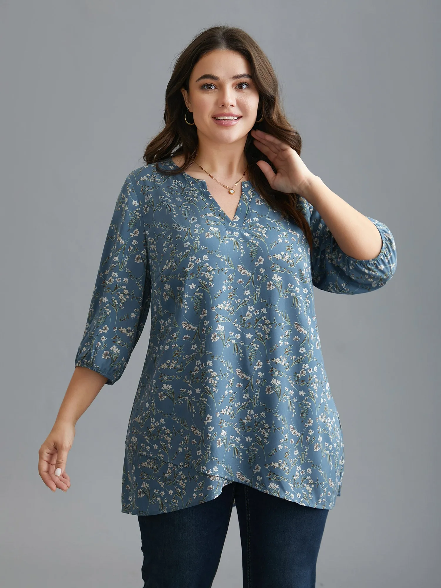 Floral Asymmetrical Hem Elastic Cuff Blouse sold by Bloomchic product image thumbnail 3