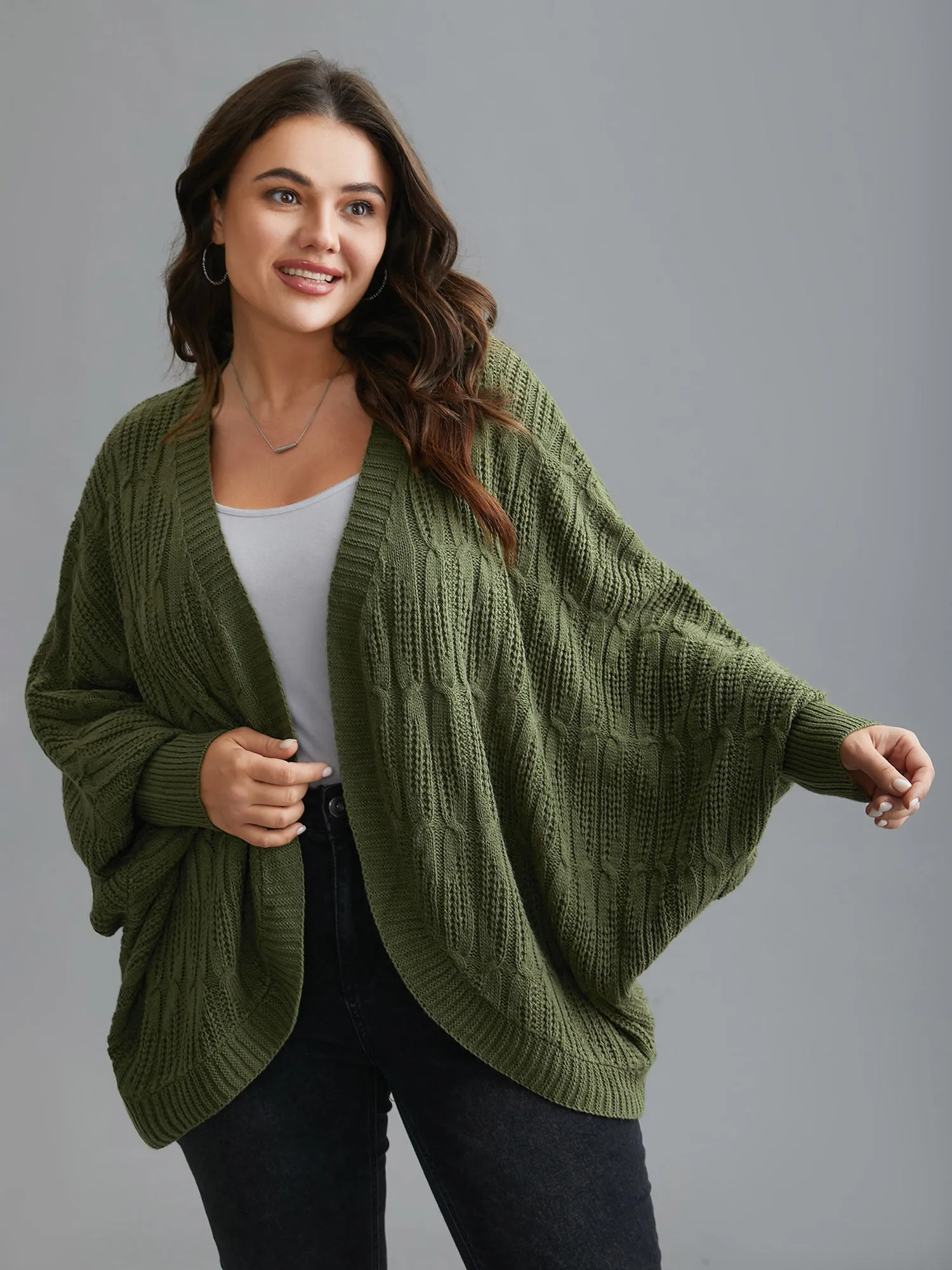 Curved Open-Front Dolman Sleeve Knit Cardigan sold by Bloomchic product image thumbnail 5