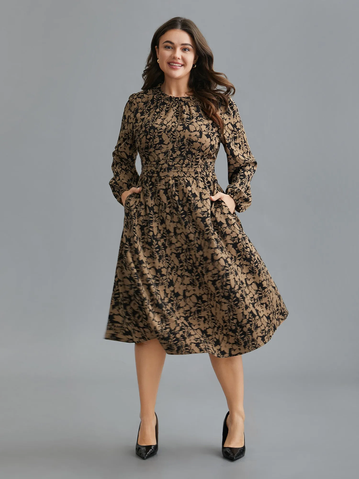 Floral Mock Neck Ruffles Pleated Waist Dress sold by Bloomchic product image thumbnail 3