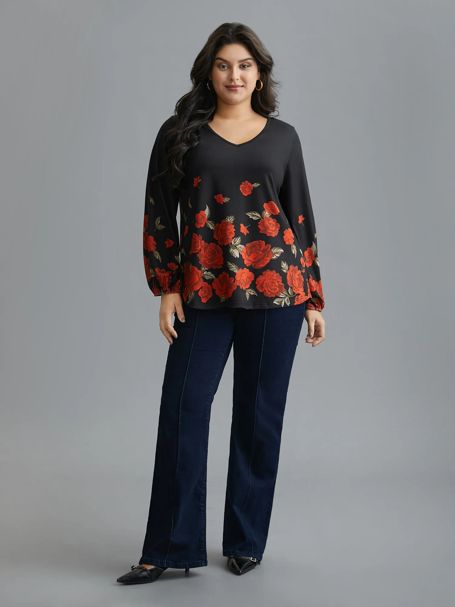 Floral Hem V-Neck Stretchy T-shirt sold by Bloomchic product image thumbnail 5