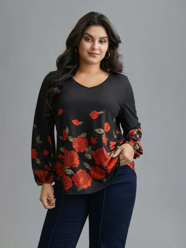 Floral Hem V-Neck Stretchy T-shirt sold by Bloomchic