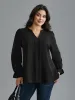 Notched Collar Pleated Lantern Sleeve Blouse sold by Bloomchic