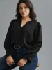 Notched Collar Pleated Lantern Sleeve Blouse sold by Bloomchic