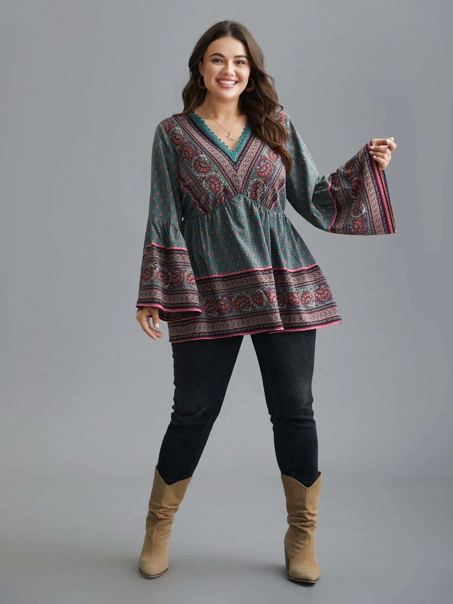 Boho Print Lace Trim V-Neck Ruffle Sleeve Blouse sold by Bloomchic product image thumbnail 2